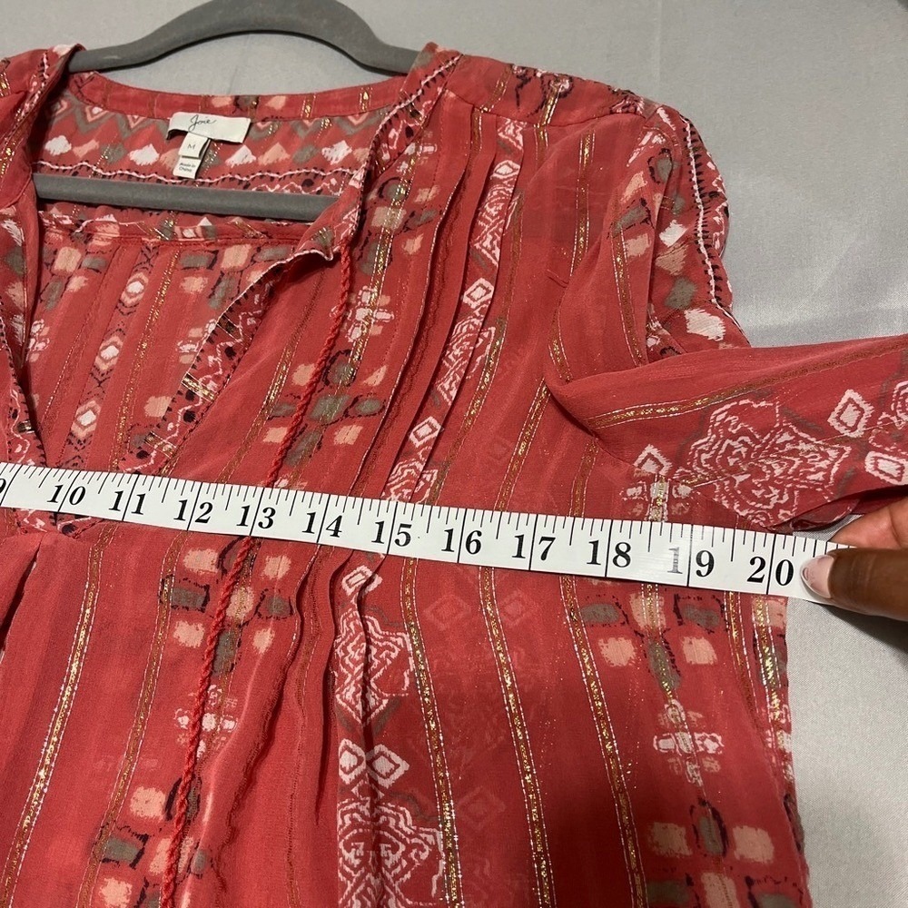 Joie Silk Boho Peasant Blouse Medium Coral Metallic Stripe Tassel Top - Picture 7 of 7